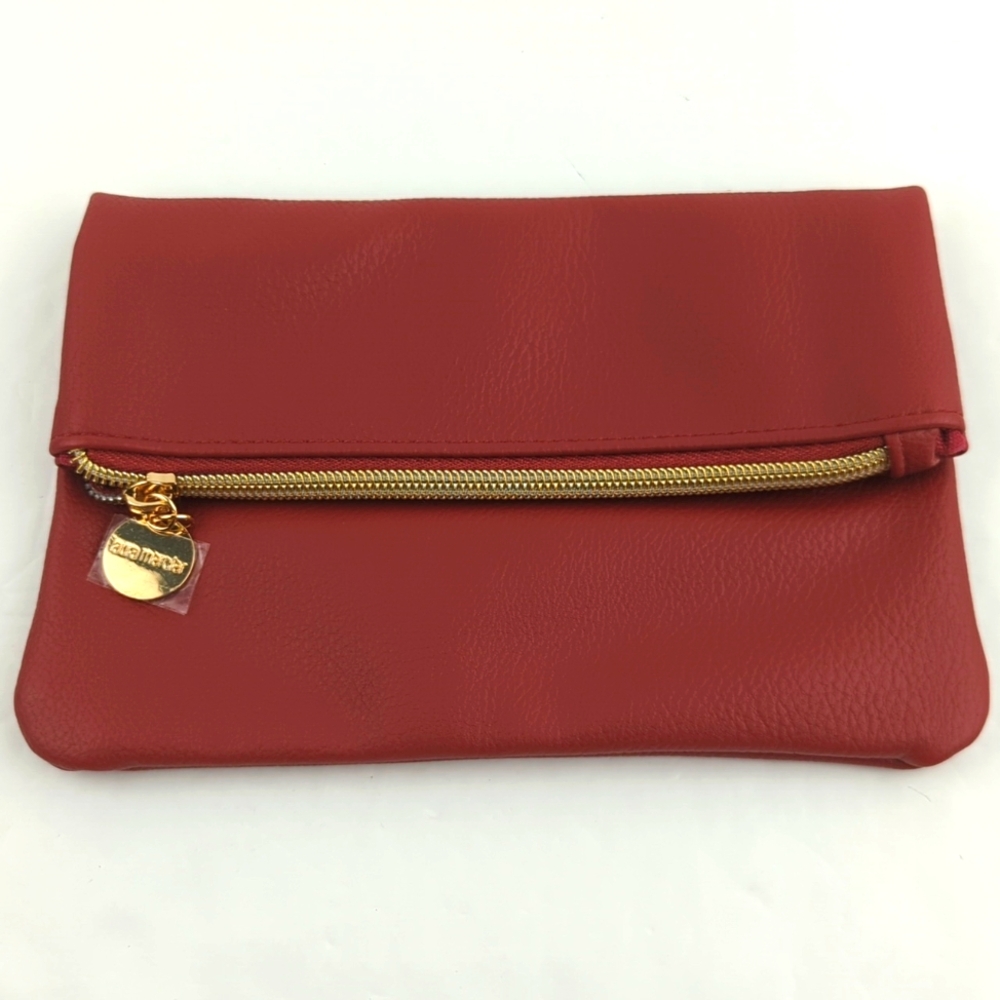 Laura Mercier Foldover Rustic Red Faux Pebble Leather Cosmetics Bag